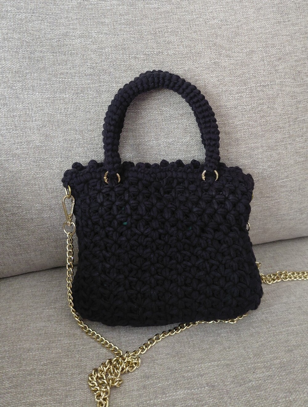 Handcrafted Black Crochet Tote Bag with Gold Chain